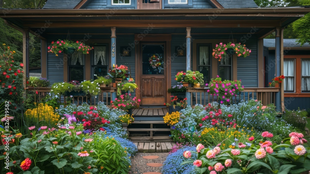 A house with a porch full of flowers and plants