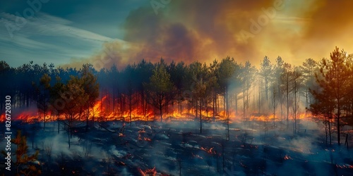 Destructive Wildfire Sweeps Through Dry Season Pine Forest. Concept Wildfire Prevention  Climate Change Impacts  Emergency Response  Forest Restoration  Community Support