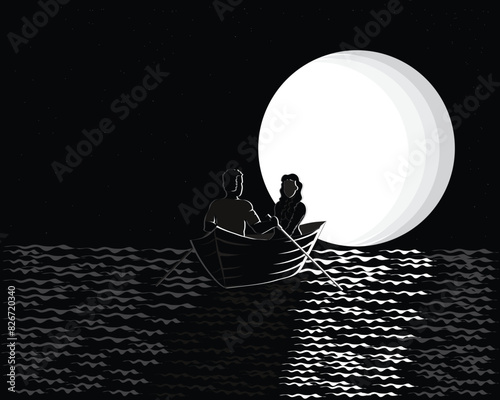 black and white silhouette vector design of a man and woman riding a boat in a night view of a starry sky with a very large moon in the middle of the sea waters