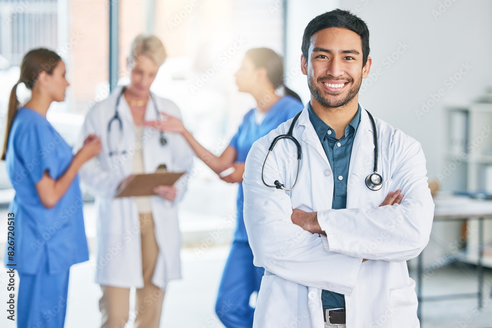 Doctor, portrait and happy man with arms crossed in hospital, clinic or support of surgery team. Cardiology, surgeon and consulting person with trust in expert advice, service or pride in healthcare Doctor, portrait and happy man with arms crossed in hospital, clinic or support of surgery team. Cardiology, surgeon and consulting person with trust in expert advice, service or pride in healthcare