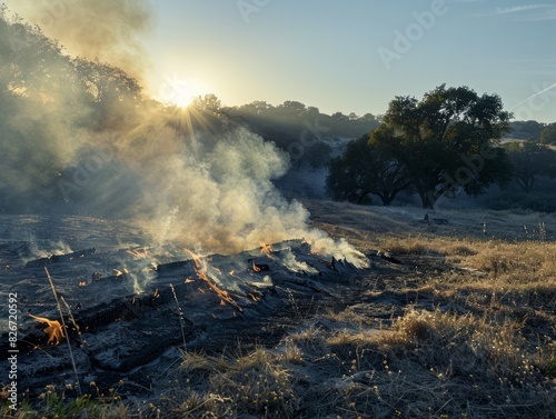 A field with a lot of smoke and fire. The sun is setting and the sky is blue