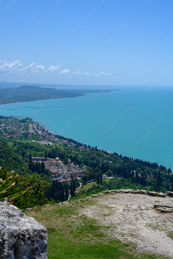 New Athos, Abkhazia, Georgia - July 04, 2022: Ruins of Anacopia Fortress at the top of the Iverian Mountain in New Athos, Abkhazia. New Athos, Abkhazia, Georgia - July 04, 2022: Ruins of Anacopia Fortress at the top of the Iverian Mountain in New Athos, Abkhazia.