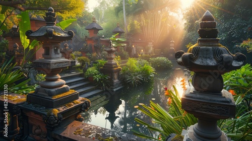 A beautiful garden with a pond and many small statues photo