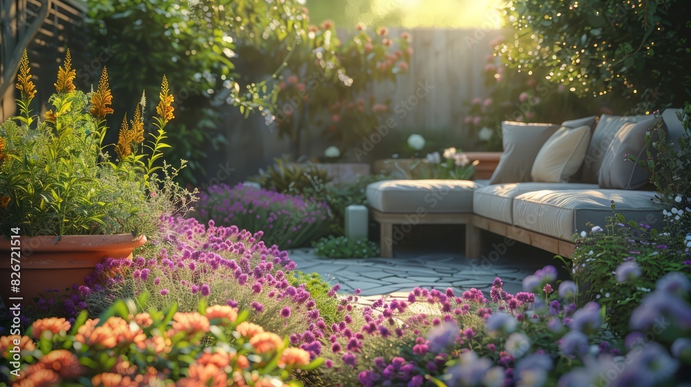 Obraz premium A garden with a bench and a few potted plants