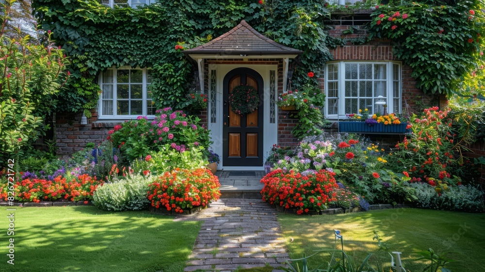 A house with a large garden and a white door