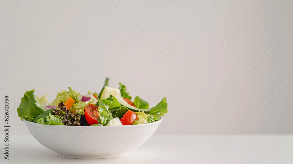Fresh salad in white bowl. Vibrant mixed greens salad in white bowl with tomatoes, cucumbers, and other fresh vegetables, perfect for healthy eating concepts.