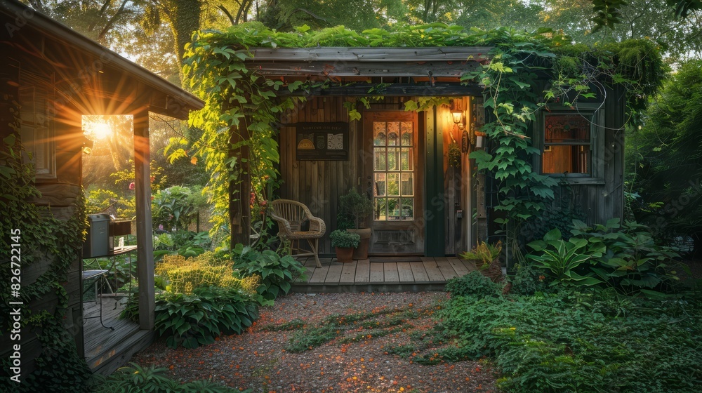 Fototapeta premium A small house with a porch and a garden