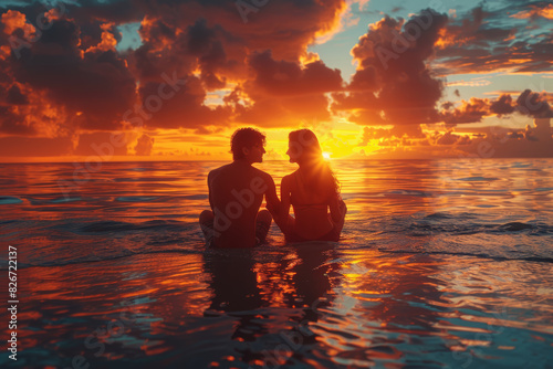 Couple holding each other close while watching the sunset at the beach. Concept of admiration and love. Generative Ai. © Sebastian