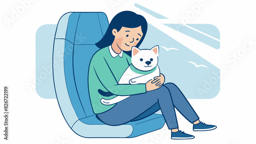A sketch of a person on a plane with their emotional support animal curled up on their lap to help ease their fear of flying.. Vector illustration