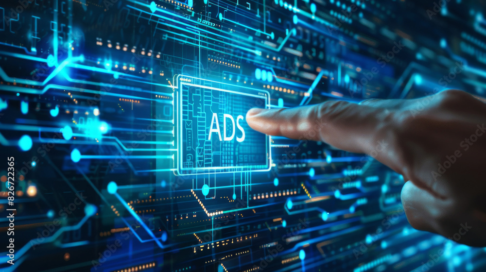 Person engaging with futuristic digital interface centered on advertisements Person engaging with futuristic digital interface centered on advertisements