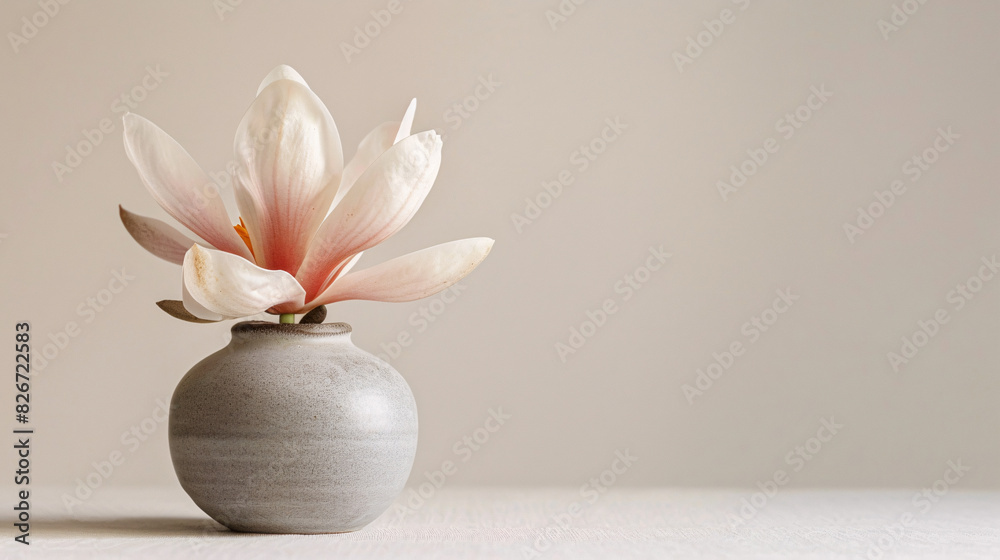 Pink magnolia flower in vase. Minimalist still life with single blooming pink magnolia in ceramic vase on neutral background with copy space. Pink magnolia flower in vase. Minimalist still life with single blooming pink magnolia in ceramic vase on neutral background with copy space.