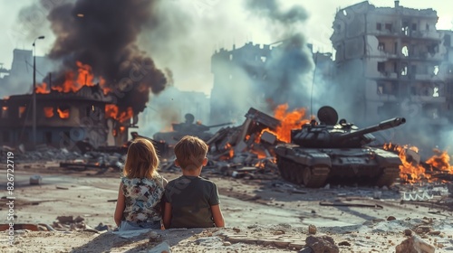 Children Sitting Near Military Tank and Watching Devastation in War-Torn City