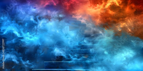 Watercolor painting: Staircase disappearing into morning fog, representing career aspirations. Concept Watercolor Painting, Morning Fog, Staircase, Career Aspirations,