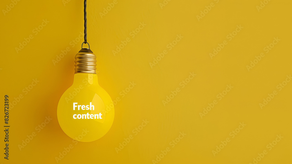 Bright yellow wall with an illuminated lightbulb and fresh content text Bright yellow wall with an illuminated lightbulb and fresh content text