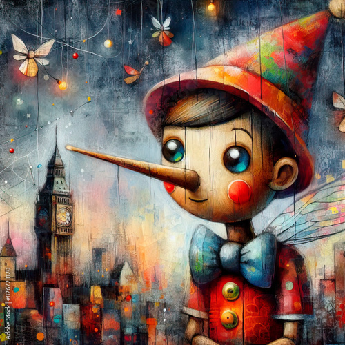 Mixed media painting of a whimsical pinocchio
