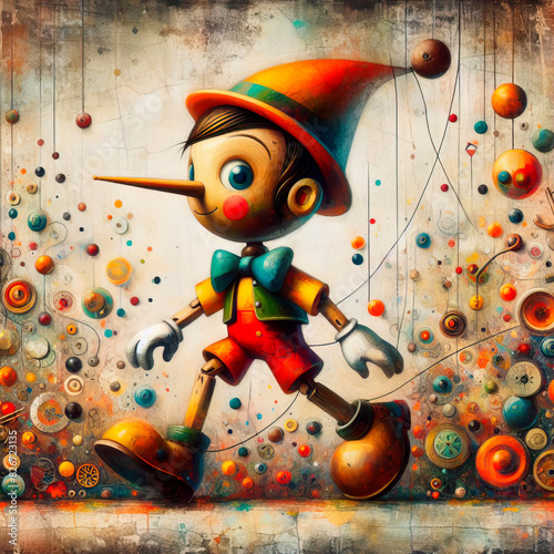 Mixed media painting of a whimsical pinocchio