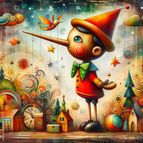 Mixed media painting of a whimsical pinocchio