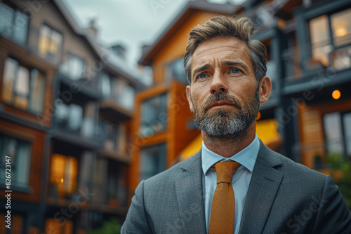 Real estate agent with a stack of unsold properties, representing the stagnation of the housing market. Concept of property devaluation and market saturation. Generative Ai. photo