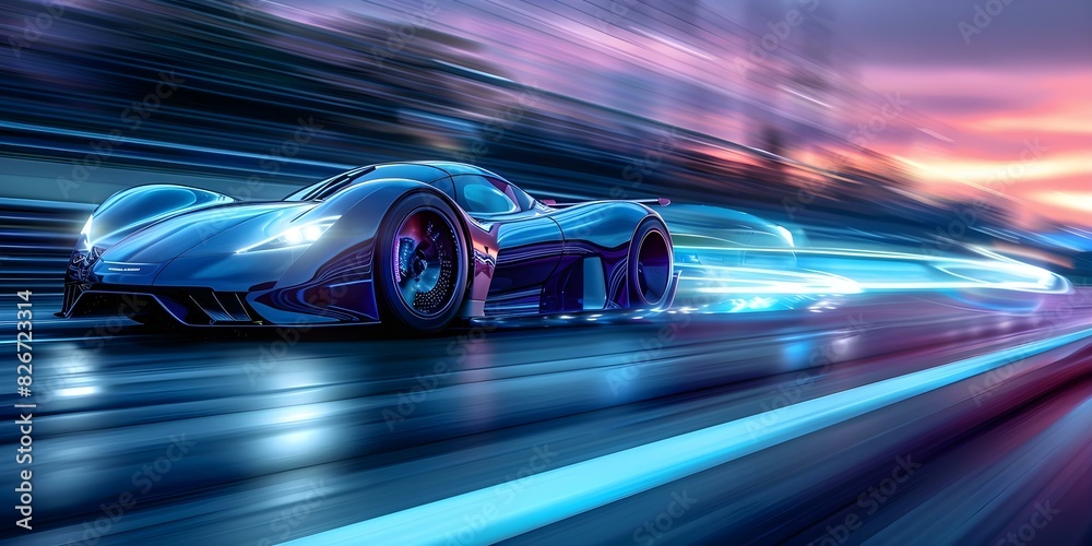 A futuristic sports car racing with motion blur on a highway. Concept Futuristic Sports Car, Racing, Motion Blur, Highway, Speed