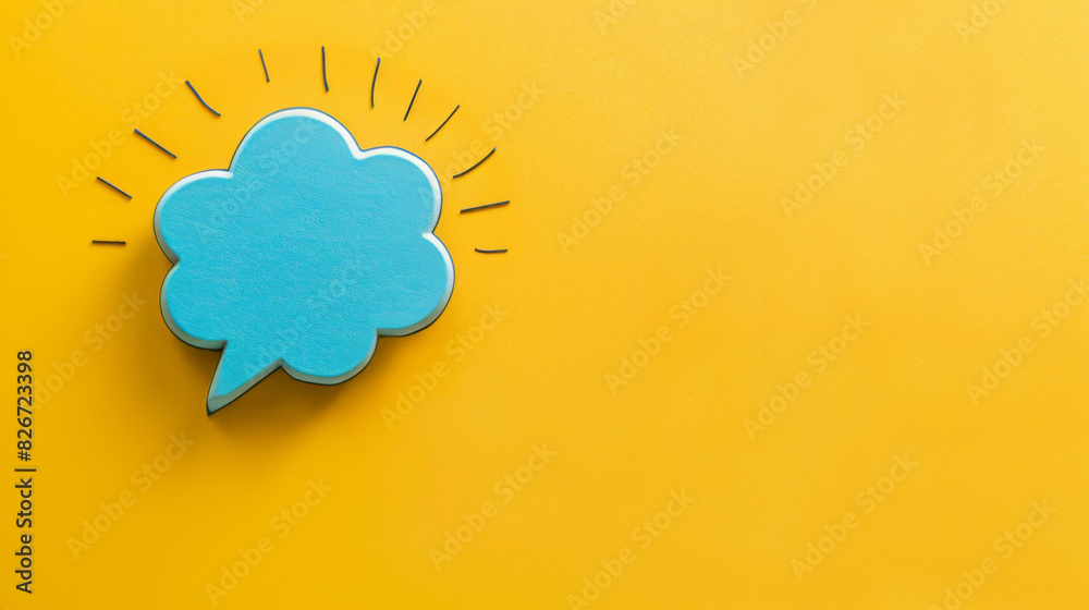 Blue paper speech bubble with light rays on a vibrant yellow backdrop, symbolizing creative ideas Blue paper speech bubble with light rays on a vibrant yellow backdrop, symbolizing creative ideas