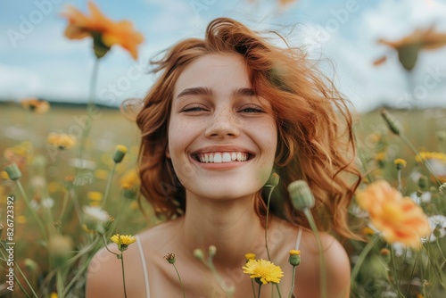 Portrait of a happy young woman with red hair and freckles smiling in a field of flowers photo