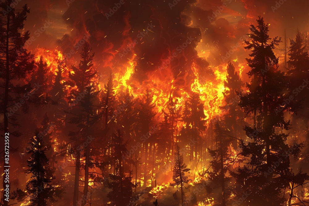 A forest fire burning with a lot of flames and smoke at night. Forest fire. Heat causes rapid ignition and destruction of the forest, a natural disaster. Pine trees burning during the dry season. A forest fire burning with a lot of flames and smoke at night. Forest fire. Heat causes rapid ignition and destruction of the forest, a natural disaster. Pine trees burning during the dry season.