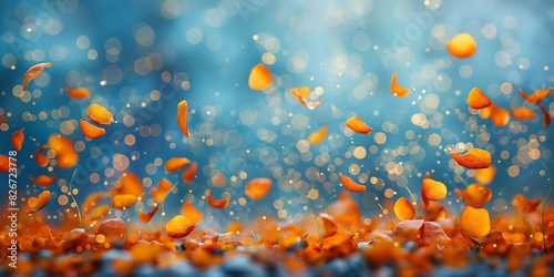 Viele fliegende orangene Blüten Blätter auf blauen Hintergrund als Druckvorlage photo
