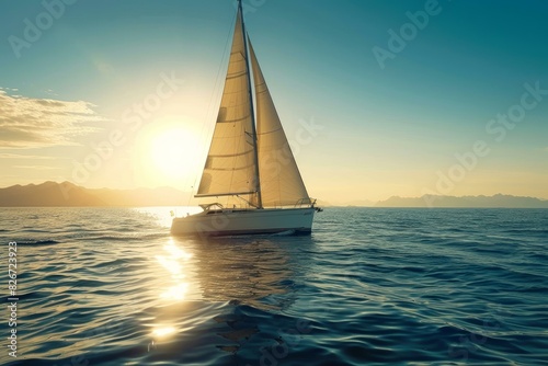 Tranquil scene with a sailboat cruising on calm waters against a stunning sunset backdrop © ylivdesign