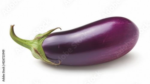 Single plump purple eggplant isolated on a white background showcasing its glossy texture
