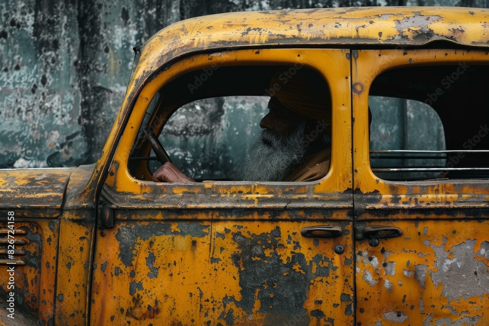 Contemplative elderly man with a beard seen through the window of a rustic yellow pickup truck