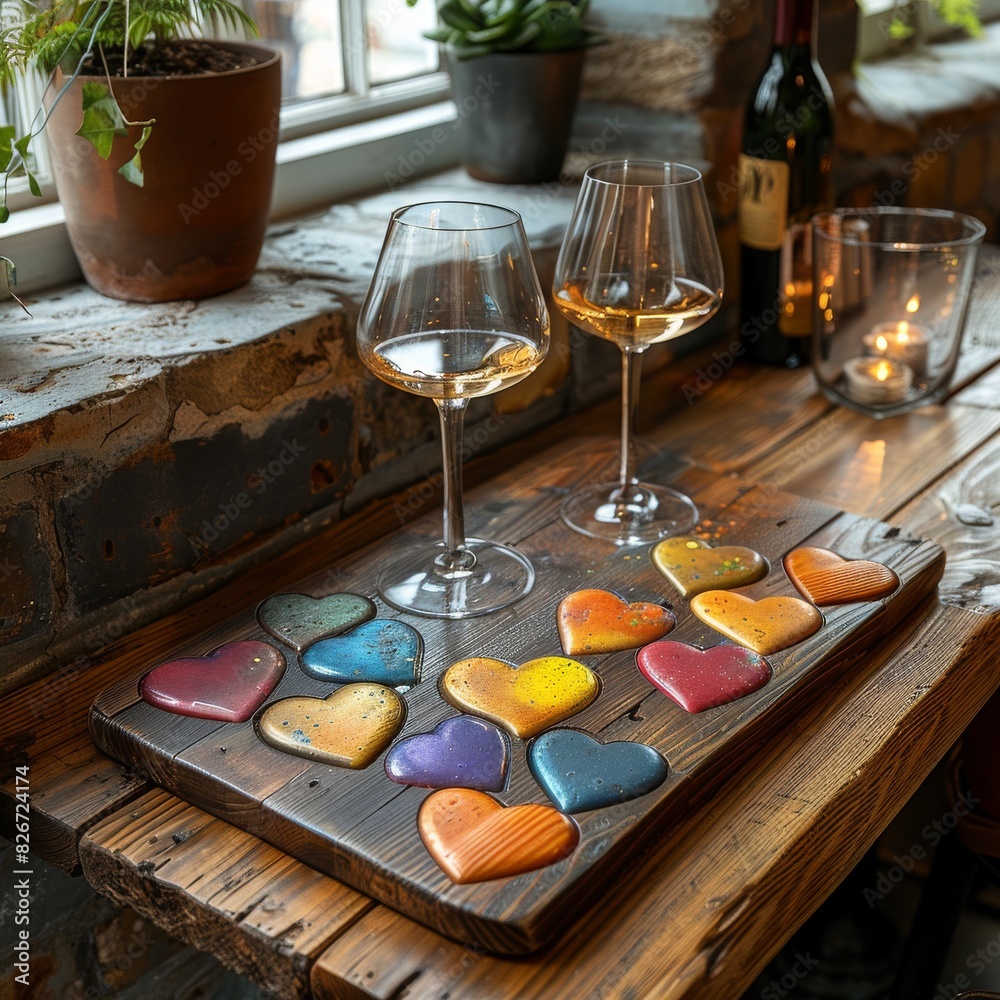 Chic Rainbow Heart Decor on Solid Wood Table with Wine Glasses in High-angle View Setting a Modern Vibe Chic Rainbow Heart Decor on Solid Wood Table with Wine Glasses in High-angle View Setting a Modern Vibe