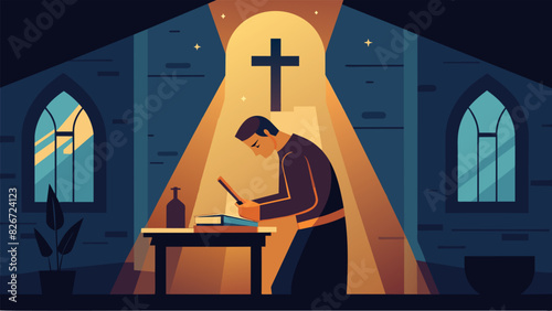 As the sun streams through the church windows the engraver carefully etches the intricate words of a beloved psalm onto a sy piece of wood.. Vector illustration