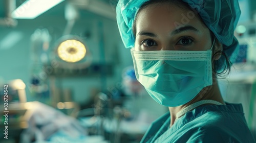 Female nurse wearing a face mask in a hospital operating room portrait