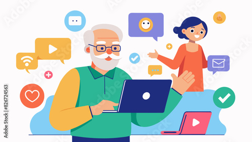 An elderly man confidently navigating through different social media platforms with the guidance of his granddaughter who is teaching him at the. Vector illustration