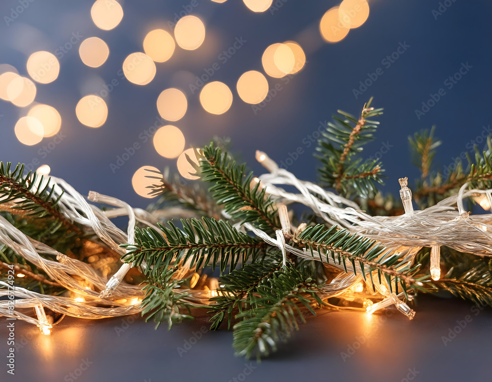 Festive concept featuring a Christmas garland with bokeh lights, set against a dark blue background. Festive concept featuring a Christmas garland with bokeh lights, set against a dark blue background.