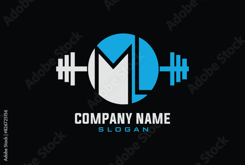 Letter M,L, LM OR ML Logo With barbell. Fitness Gym logo Vector.