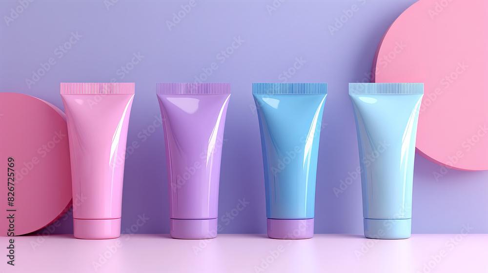 Four tubes of different colored lotion are lined up on a table Four tubes of different colored lotion are lined up on a table