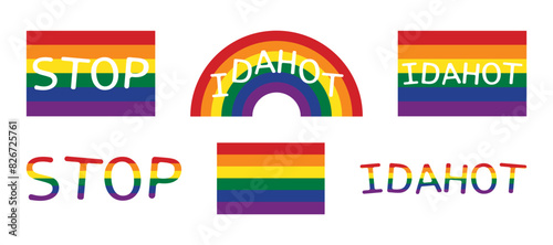 Set for International LGBT Pride Day. International Day Against Homophobia Transphobia and Biphobia. LGBT Pride Month illustrations LGBTQ community concept. Rainbow flags, text, IDAHOT concept