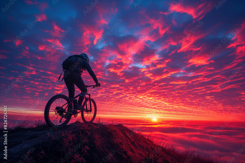 Fototapeta premium A cyclist cresting a hill at sunrise, their silhouette outlined against the brilliant morning sky, symbolizing achievement and health.