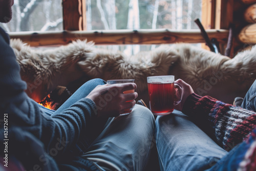 Mates lounging on a cozy couch in a cabin, swapping stories and sipping on mugs of mulled cider. Concept of coziness and camaraderie. Generative Ai. photo