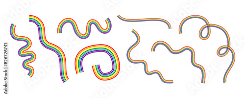 Set of multi colored rainbow waves. Colorful lines, stripes for lgbt, Pride Month. Rainbow colored illustrations. Decorative elements and ribbons in rainbow colors for bright design and decor.