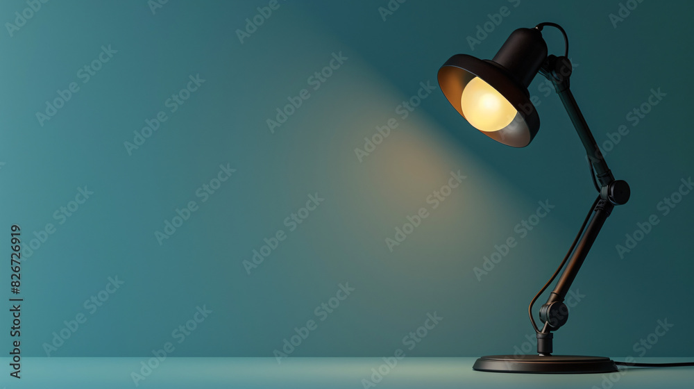 Modern desk lamp on blue background. Black metal desk lamp illuminated against a minimalist teal blue background, perfect for workspace and interior design concepts. Modern desk lamp on blue background. Black metal desk lamp illuminated against a minimalist teal blue background, perfect for workspace and interior design concepts.