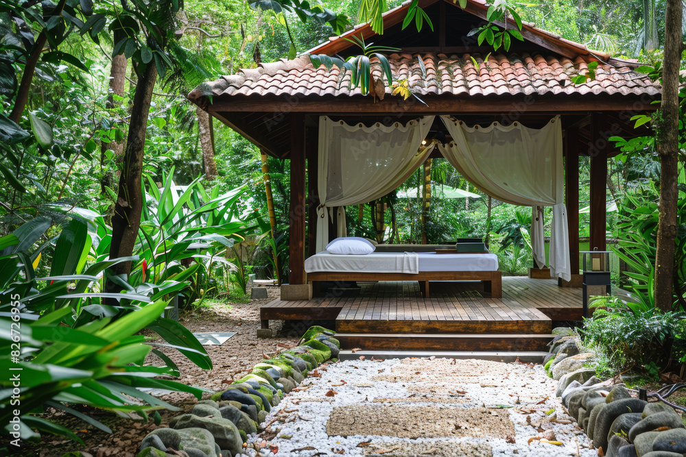 A tranquil retreat nestled in the heart of nature, where guests can relax with invigorating massages and soothing facials amidst the beauty of the outdoors.  Generative Ai.