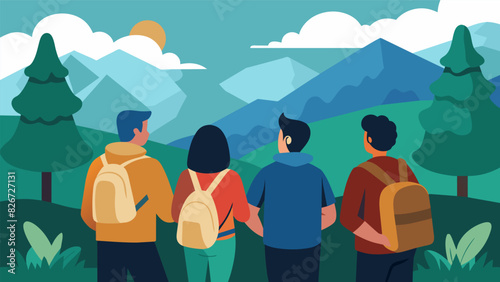 As the hike comes to an end the group gathers for a moment of silence taking in the beauty and tranquility of nature before bidding farewell to their. Vector illustration
