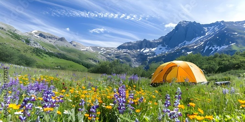 Yellow Tent Wildflowers: A Summer Camping Adventure in the Mountains. Concept Camping, Adventure, Mountains, Wildflowers, Summer