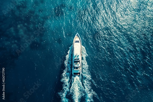Aerial view of a lavish yacht cruising on serene ocean waters, leaving a frothy trail