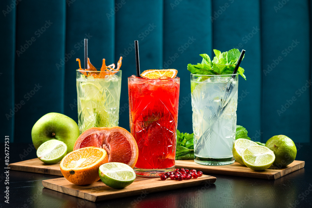 Summer healthy cocktails, set of various citrus lemonades or mojitos, with lime lemon orange grapefruit, diet detox beverages
