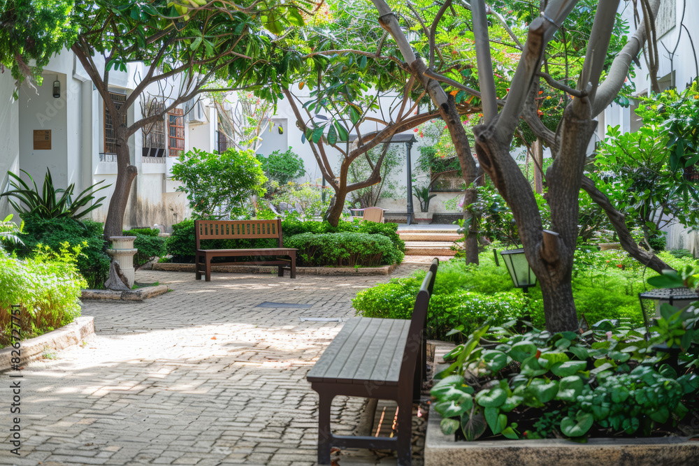 A tranquil courtyard garden tucked away within the hotel grounds, offering guests a serene oasis away from the hustle and bustle of the city. Concept of natural beauty and relaxation. Generative Ai.