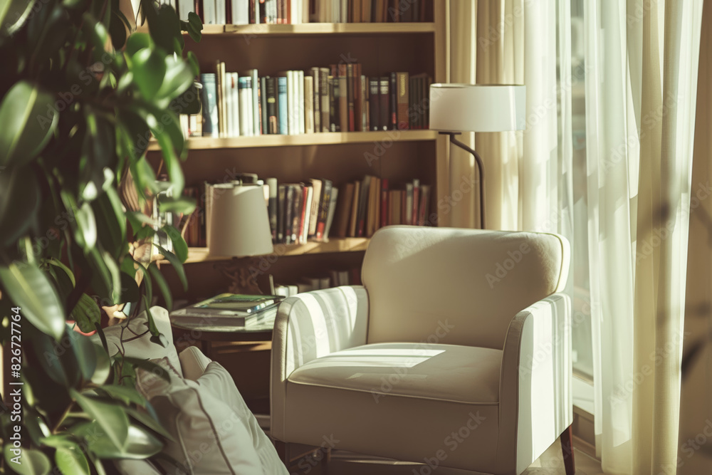 A cozy reading nook tucked away in a corner of the lobby, stocked with a selection of books for guests to enjoy during their stay. Concept of literary escape and relaxation. Generative Ai. A cozy reading nook tucked away in a corner of the lobby, stocked with a selection of books for guests to enjoy during their stay. Concept of literary escape and relaxation. Generative Ai.