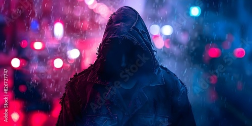 A mysterious figure in a tattered coat vanishes into the city night, their face concealed in shadow. Concept Dark Night, Mysterious Figure, Tattered Coat, Cityscape, Concealed Identity photo